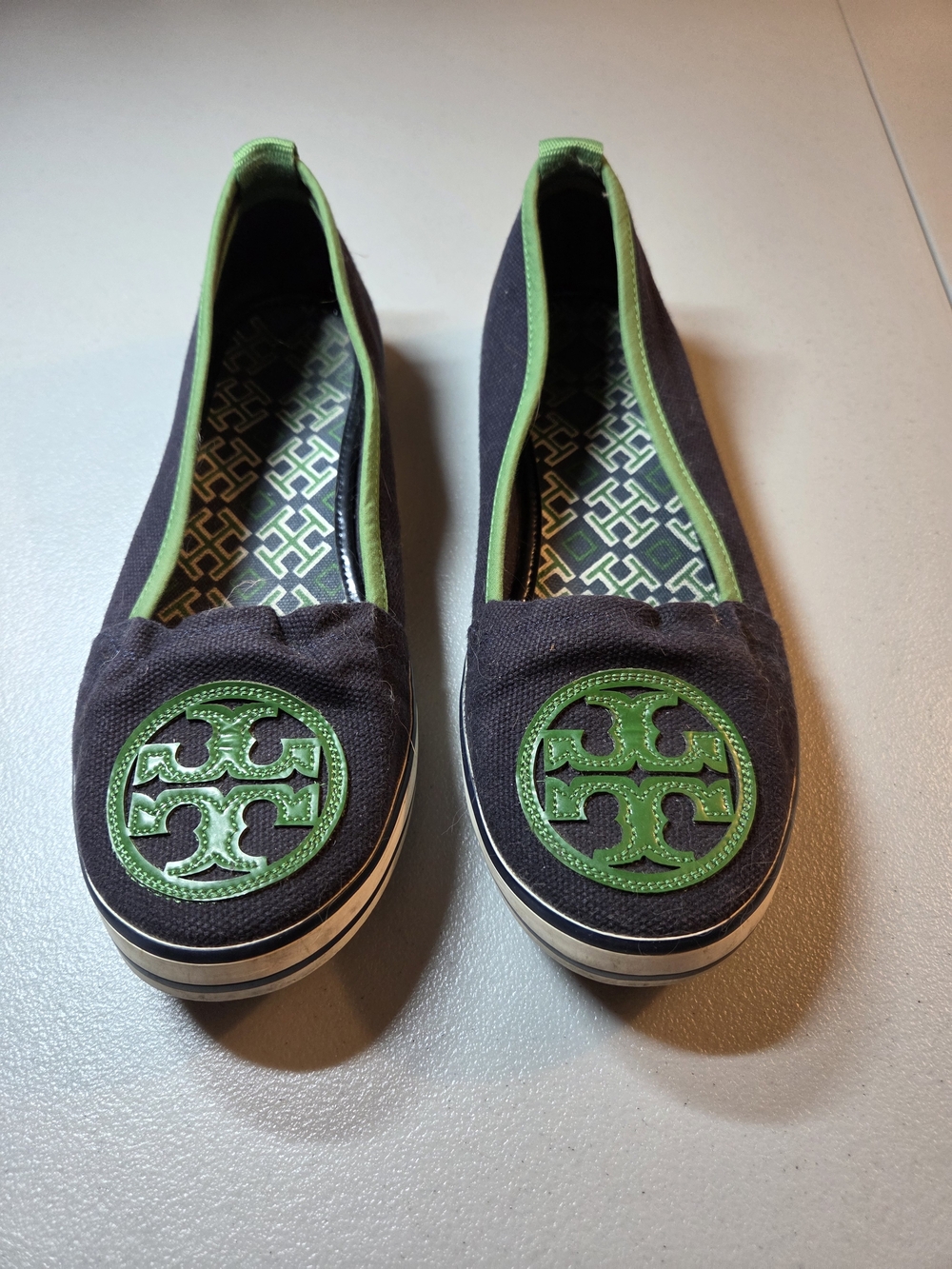 Tory Burch Navy Canvas Slip-On Flats with Green Trim 8